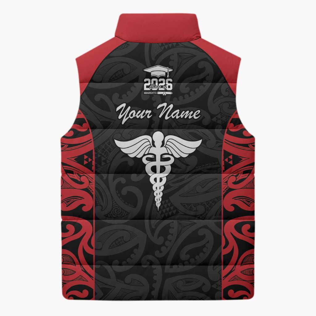 New Zealand Nurse RN 2026 Personalised Sleeveless Puffer Jacket Red Maori Pattern Cultural Pride