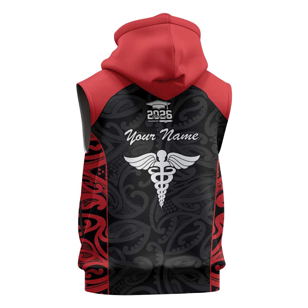 New Zealand Nurse RN 2026 Personalised Sleeveless Zip Hoodie Red Maori Pattern Cultural Pride LT9 - Polynesian Pride
