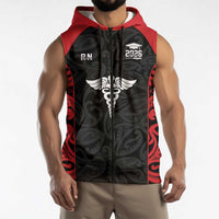 New Zealand Nurse RN 2026 Personalised Sleeveless Zip Hoodie Red Maori Pattern Cultural Pride LT9 - Polynesian Pride