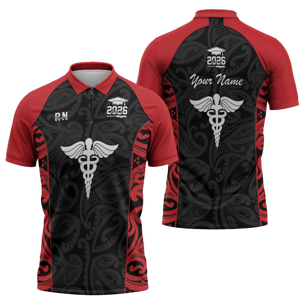 New Zealand Nurse RN 2026 Personalised Zipper Polo Shirt Red Maori Pattern Cultural Pride LT9 - Polynesian Pride