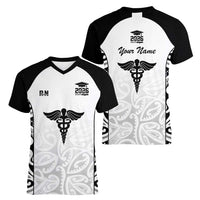 New Zealand Nurse RN 2026 Personalised Women V-Neck T-Shirt White Maori Pattern Cultural Pride LT9 - Polynesian Pride