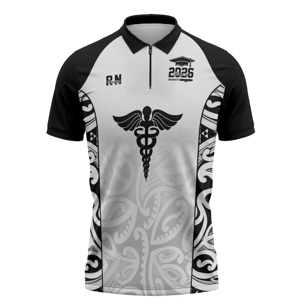 New Zealand Nurse RN 2026 Personalised Zipper Polo Shirt White Maori Pattern Cultural Pride LT9 White - Polynesian Pride