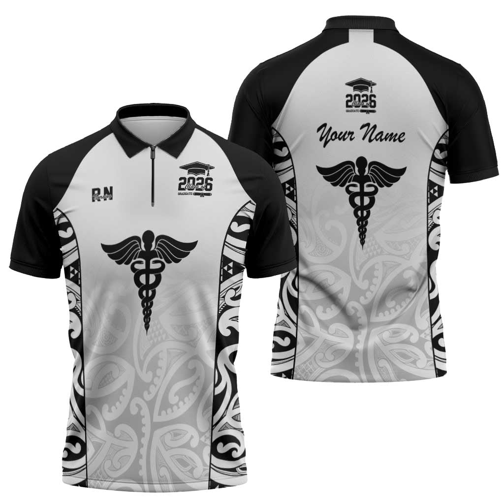 New Zealand Nurse RN 2026 Personalised Zipper Polo Shirt White Maori Pattern Cultural Pride LT9 - Polynesian Pride