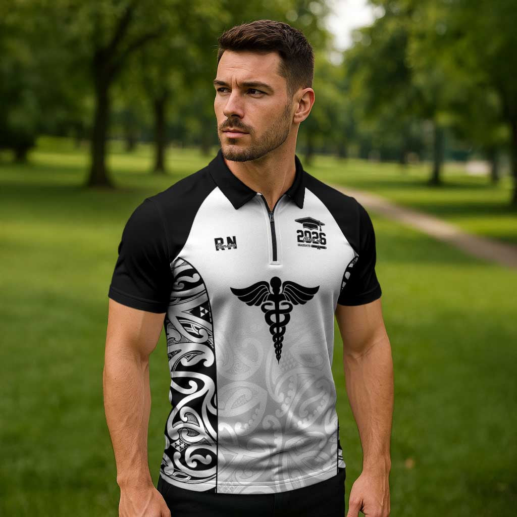New Zealand Nurse RN 2026 Personalised Zipper Polo Shirt White Maori Pattern Cultural Pride LT9 - Polynesian Pride