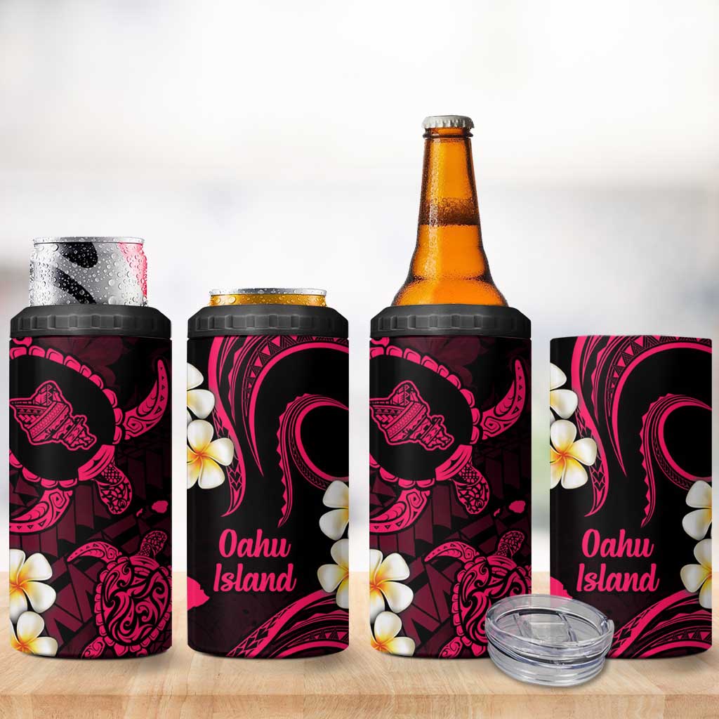 Hawaii Oahu Islands Pacific Plumeria 4 in 1 Can Cooler Tumbler Pink Polynesian Tattoo