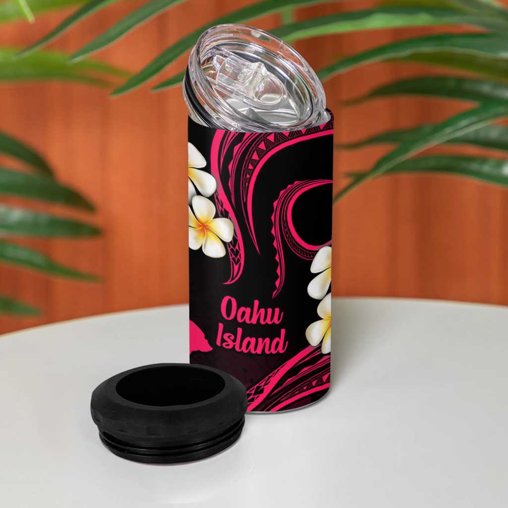 Hawaii Oahu Islands Pacific Plumeria 4 in 1 Can Cooler Tumbler Pink Polynesian Tattoo