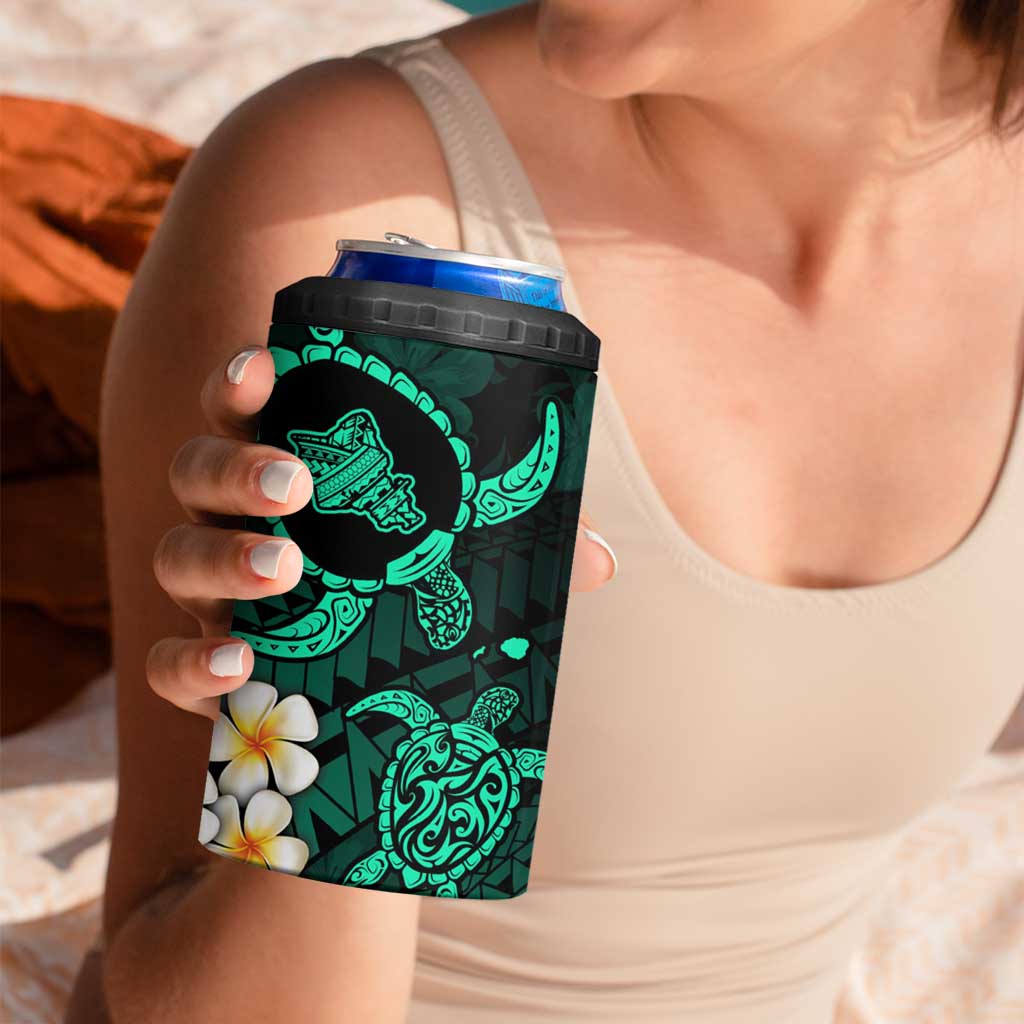 Hawaii Oahu Islands Pacific Plumeria 4 in 1 Can Cooler Tumbler Turquoise Polynesian Tattoo