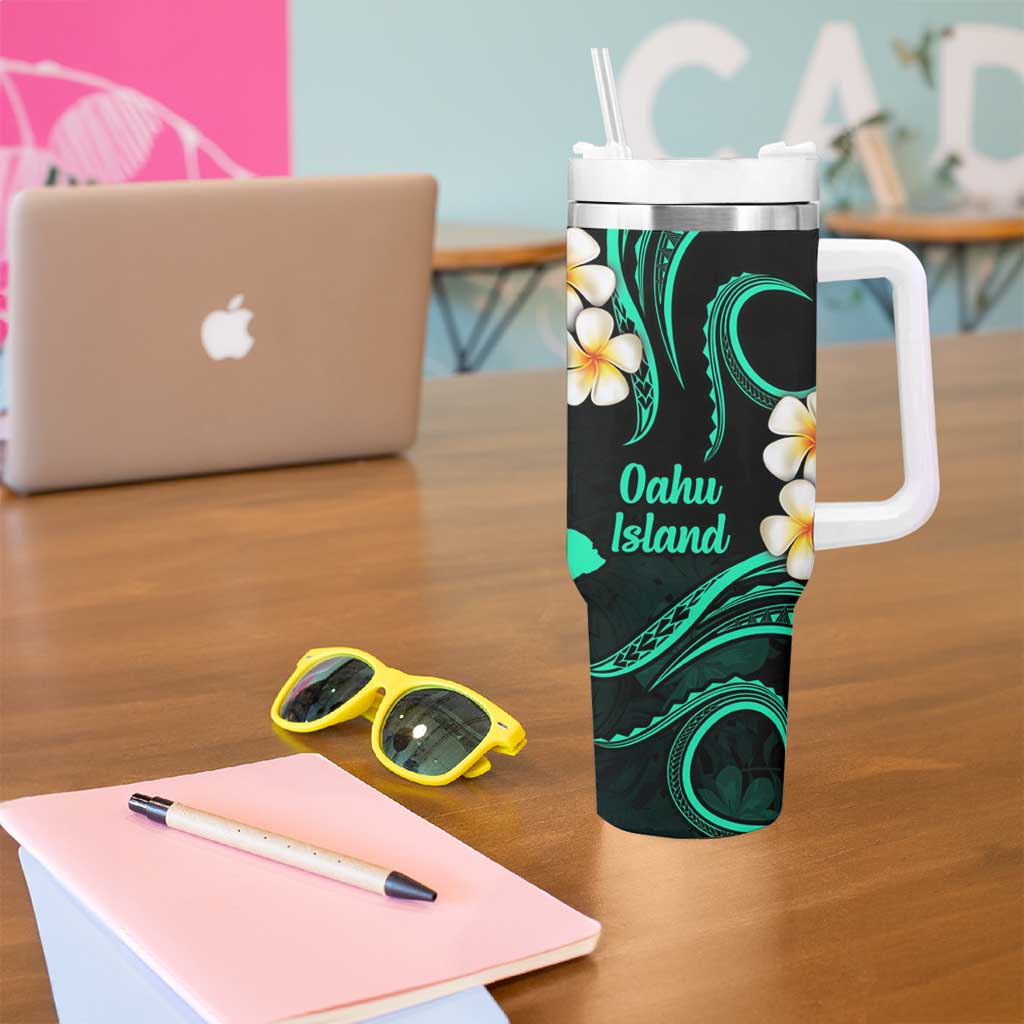 Hawaii Oahu Islands Pacific Plumeria Tumbler With Handle Turquoise Polynesian Tattoo