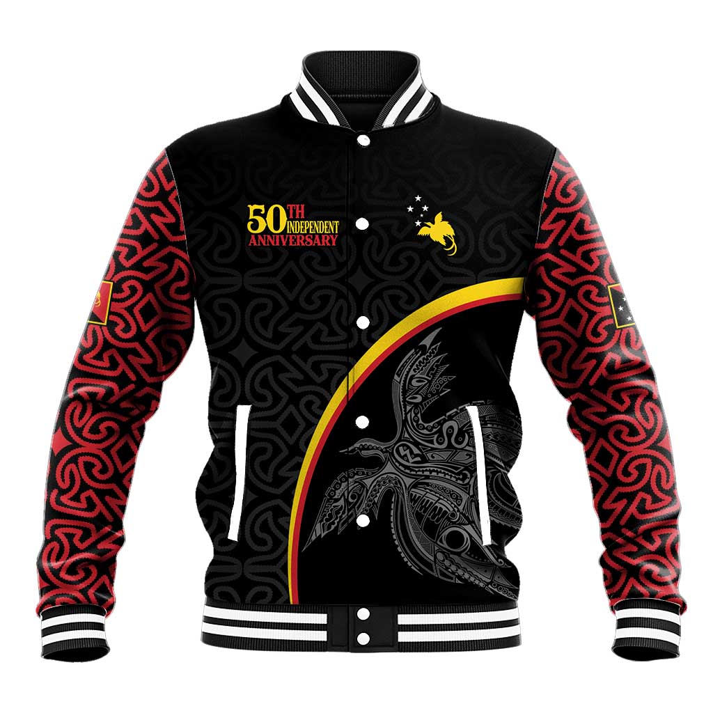Papua New Guinea 50th Independence Day Baseball Jacket Simple Oro Tapa Pattern LT9 Unisex Black - Polynesian Pride
