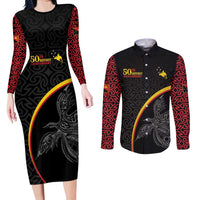 Papua New Guinea 50th Independence Day Couples Matching Long Sleeve Bodycon Dress and Long Sleeve Button Shirt Simple Oro Tapa Pattern LT9 Black - Polynesian Pride