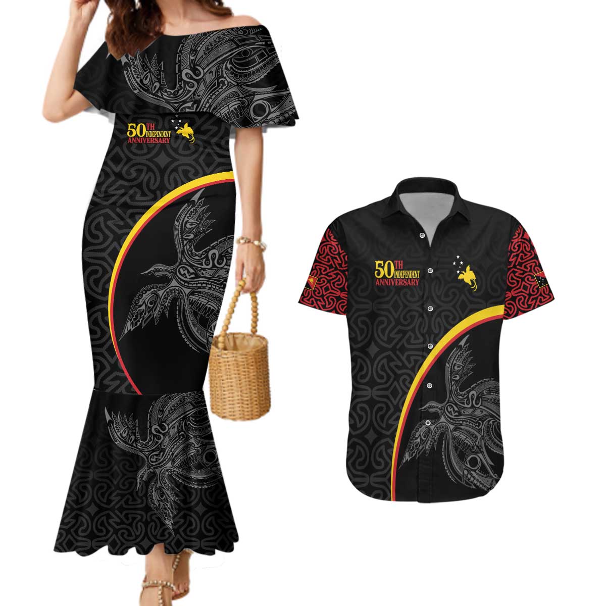 Papua New Guinea 50th Independence Day Couples Matching Mermaid Dress and Hawaiian Shirt Simple Oro Tapa Pattern LT9 Black - Polynesian Pride