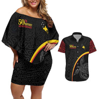 Papua New Guinea 50th Independence Day Couples Matching Off Shoulder Short Dress and Hawaiian Shirt Simple Oro Tapa Pattern LT9 Black - Polynesian Pride