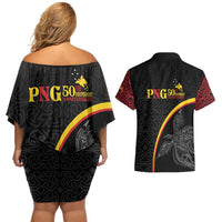 Papua New Guinea 50th Independence Day Couples Matching Off Shoulder Short Dress and Hawaiian Shirt Simple Oro Tapa Pattern LT9 - Polynesian Pride