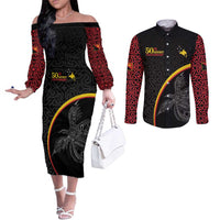 Papua New Guinea 50th Independence Day Couples Matching Off The Shoulder Long Sleeve Dress and Long Sleeve Button Shirt Simple Oro Tapa Pattern LT9 Black - Polynesian Pride