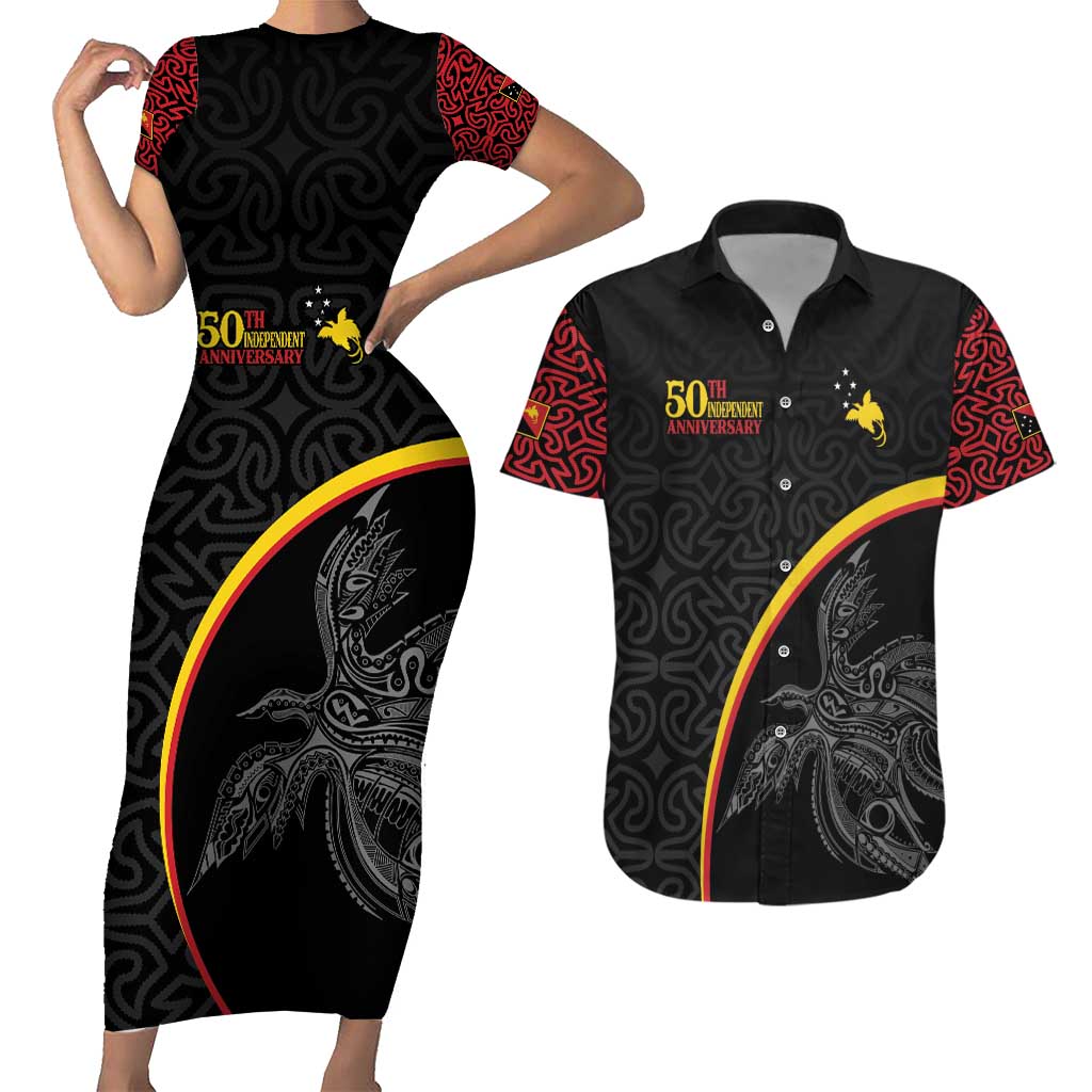 Papua New Guinea 50th Independence Day Couples Matching Short Sleeve Bodycon Dress and Hawaiian Shirt Simple Oro Tapa Pattern LT9 Black - Polynesian Pride