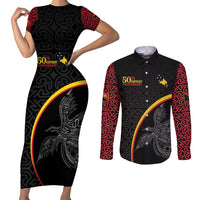 Papua New Guinea 50th Independence Day Couples Matching Short Sleeve Bodycon Dress and Long Sleeve Button Shirt Simple Oro Tapa Pattern LT9 Black - Polynesian Pride