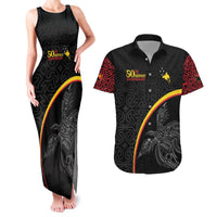Papua New Guinea 50th Independence Day Couples Matching Tank Maxi Dress and Hawaiian Shirt Simple Oro Tapa Pattern LT9 Black - Polynesian Pride