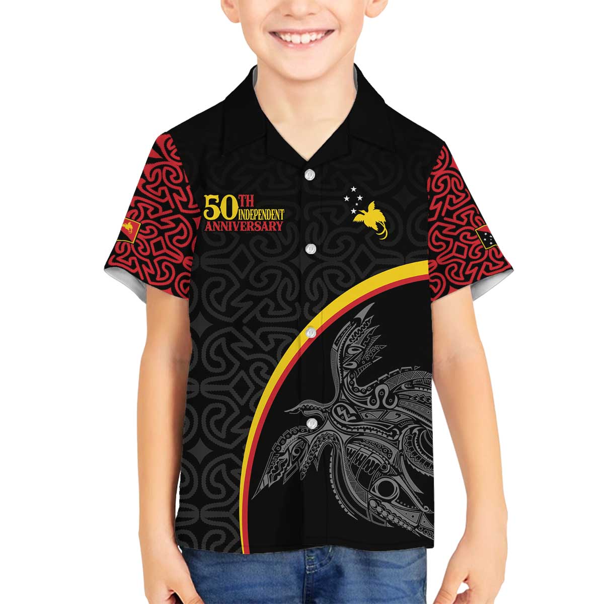 Papua New Guinea 50th Independence Day Family Matching Off The Shoulder Long Sleeve Dress and Hawaiian Shirt Simple Oro Tapa Pattern - Polynesian Pride