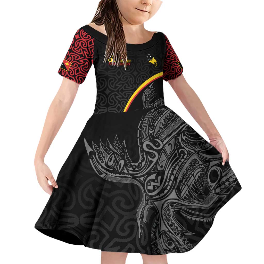 Papua New Guinea 50th Independence Day Family Matching Off Shoulder Short Dress and Hawaiian Shirt Simple Oro Tapa Pattern LT9 Daughter's Dress Black - Polynesian Pride