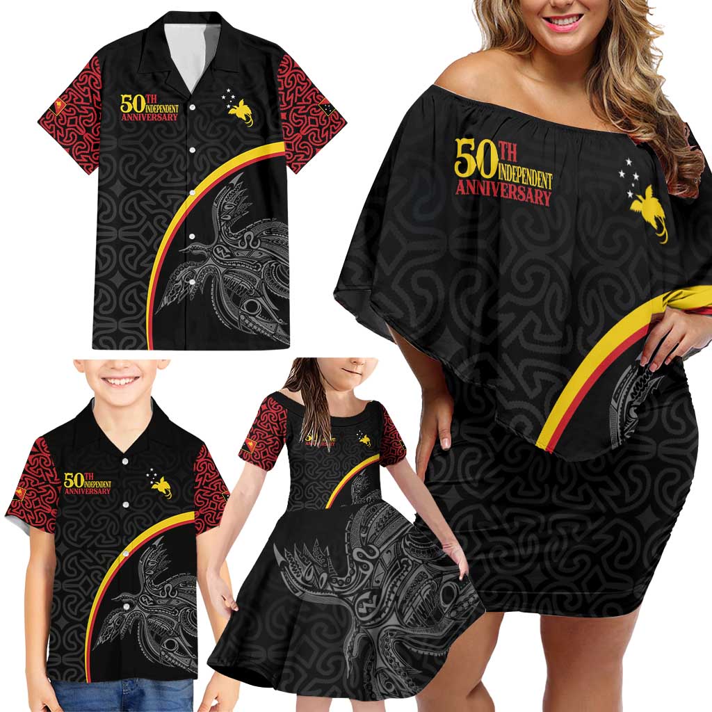 Papua New Guinea 50th Independence Day Family Matching Off Shoulder Short Dress and Hawaiian Shirt Simple Oro Tapa Pattern - Polynesian Pride