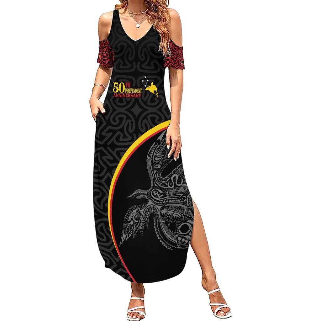 Papua New Guinea 50th Independence Day Family Matching Summer Maxi Dress and Hawaiian Shirt Simple Oro Tapa Pattern LT9 Mom's Dress Black - Polynesian Pride