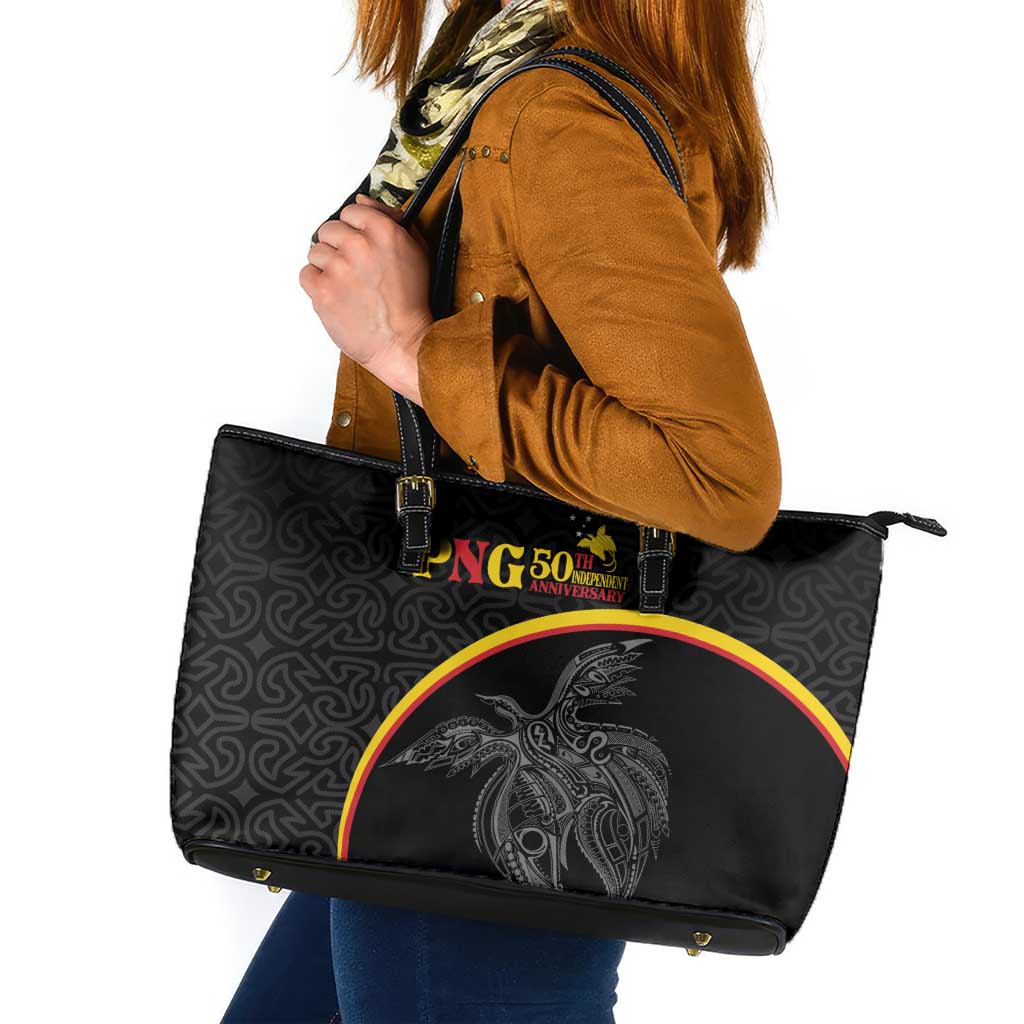 Papua New Guinea 50th Independence Day Leather Tote Bag Simple Oro Tapa Pattern LT9 Black - Polynesian Pride