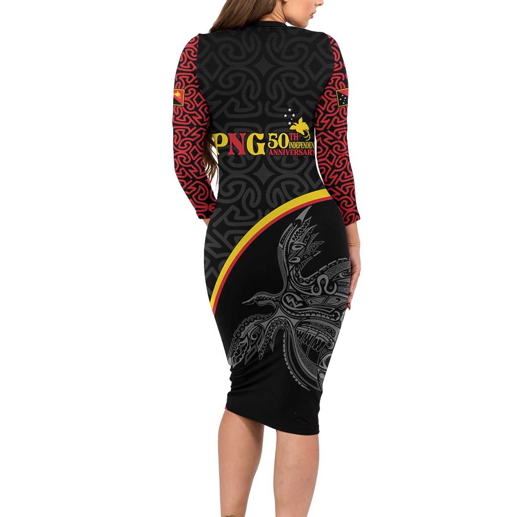 Papua New Guinea 50th Independence Day Long Sleeve Bodycon Dress Simple Oro Tapa Pattern - Polynesian Pride