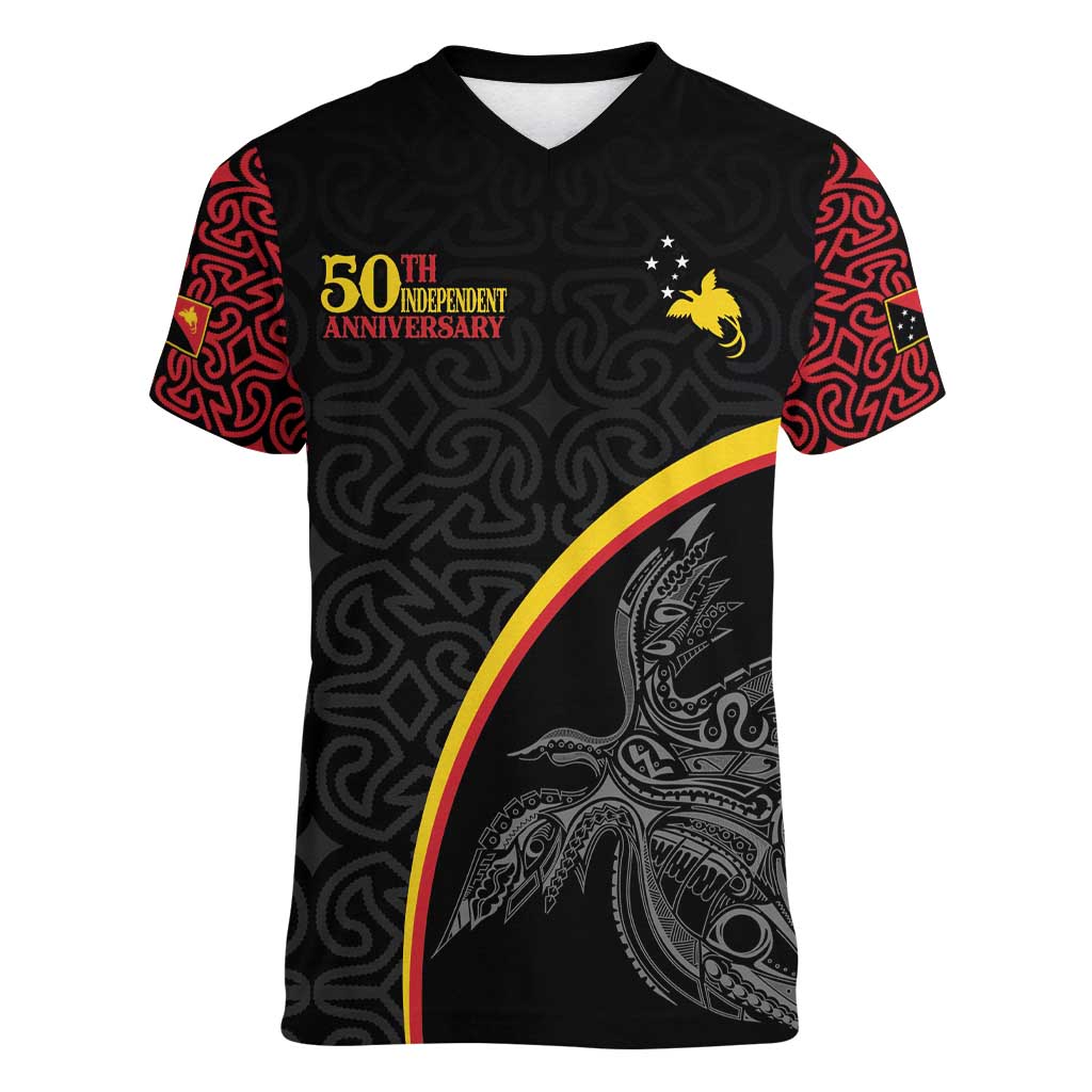 Papua New Guinea 50th Independence Day Women V-Neck T-Shirt Simple Oro Tapa Pattern - Polynesian Pride