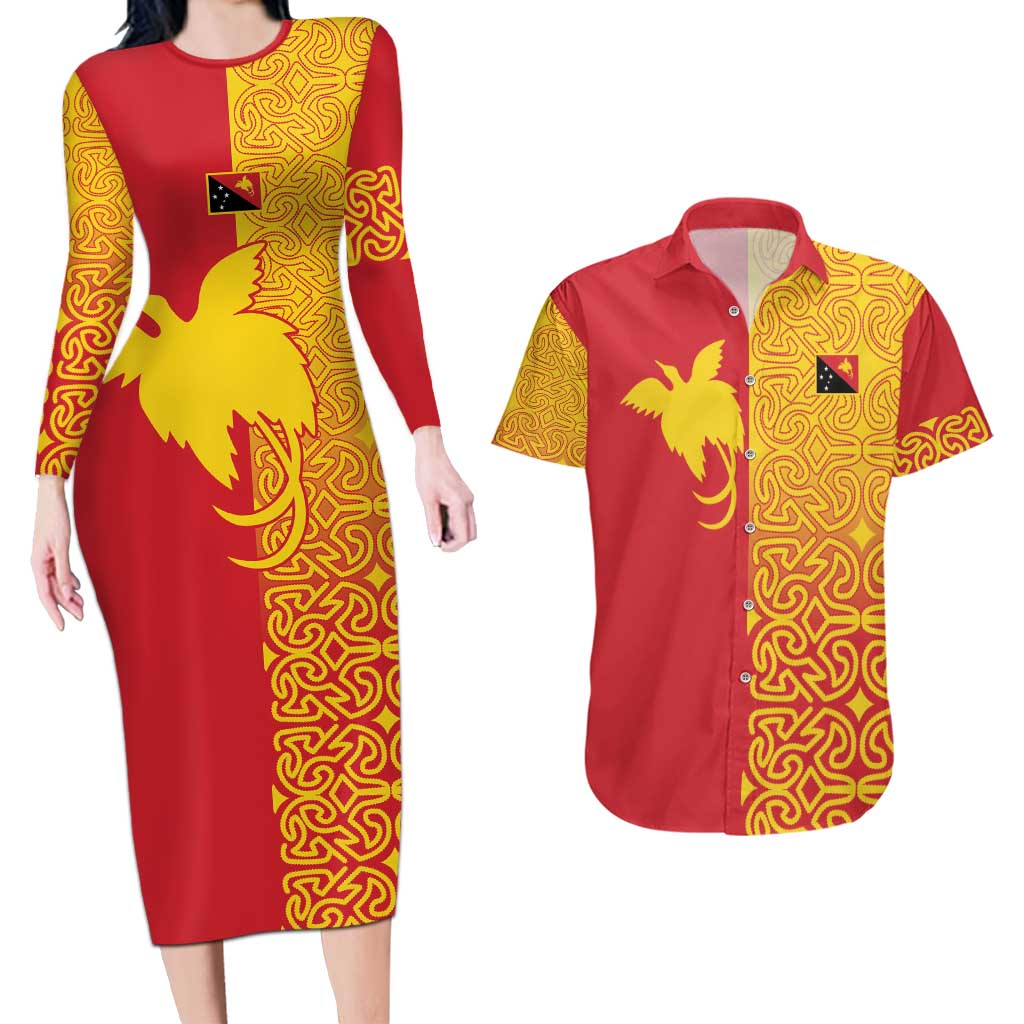 Papua New Guinea Oro Tapa Personalised Couples Matching Long Sleeve Bodycon Dress and Hawaiian Shirt Simple Bird of Paradise Style LT9 Red - Polynesian Pride