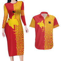 Papua New Guinea Oro Tapa Personalised Couples Matching Long Sleeve Bodycon Dress and Hawaiian Shirt Simple Bird of Paradise Style LT9 Red - Polynesian Pride