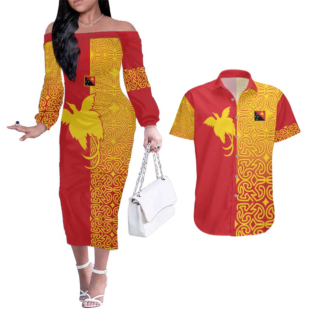 Papua New Guinea Oro Tapa Personalised Couples Matching Off The Shoulder Long Sleeve Dress and Hawaiian Shirt Simple Bird of Paradise Style - Polynesian Pride