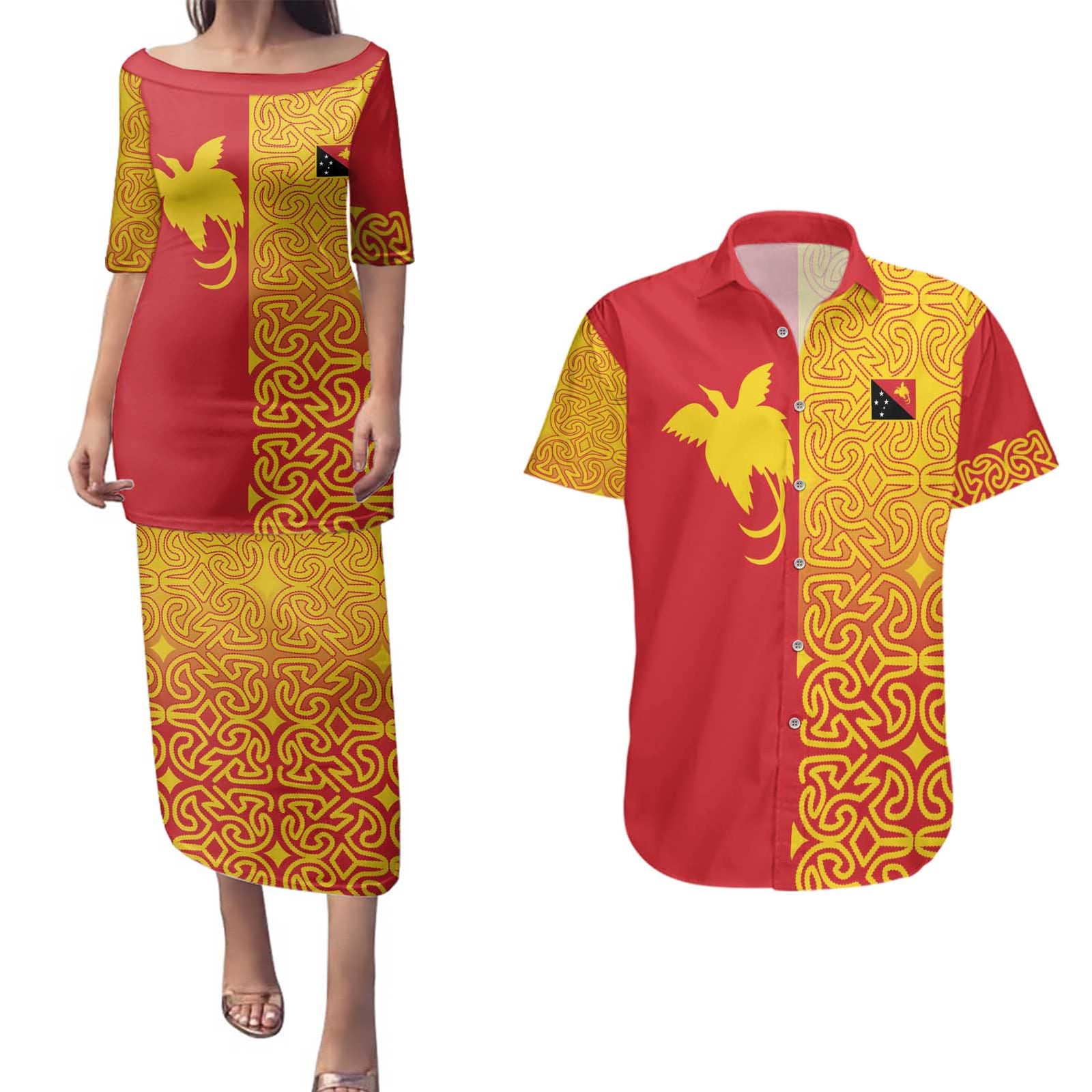 Papua New Guinea Oro Tapa Personalised Couples Matching Puletasi and Hawaiian Shirt Simple Bird of Paradise Style - Polynesian Pride