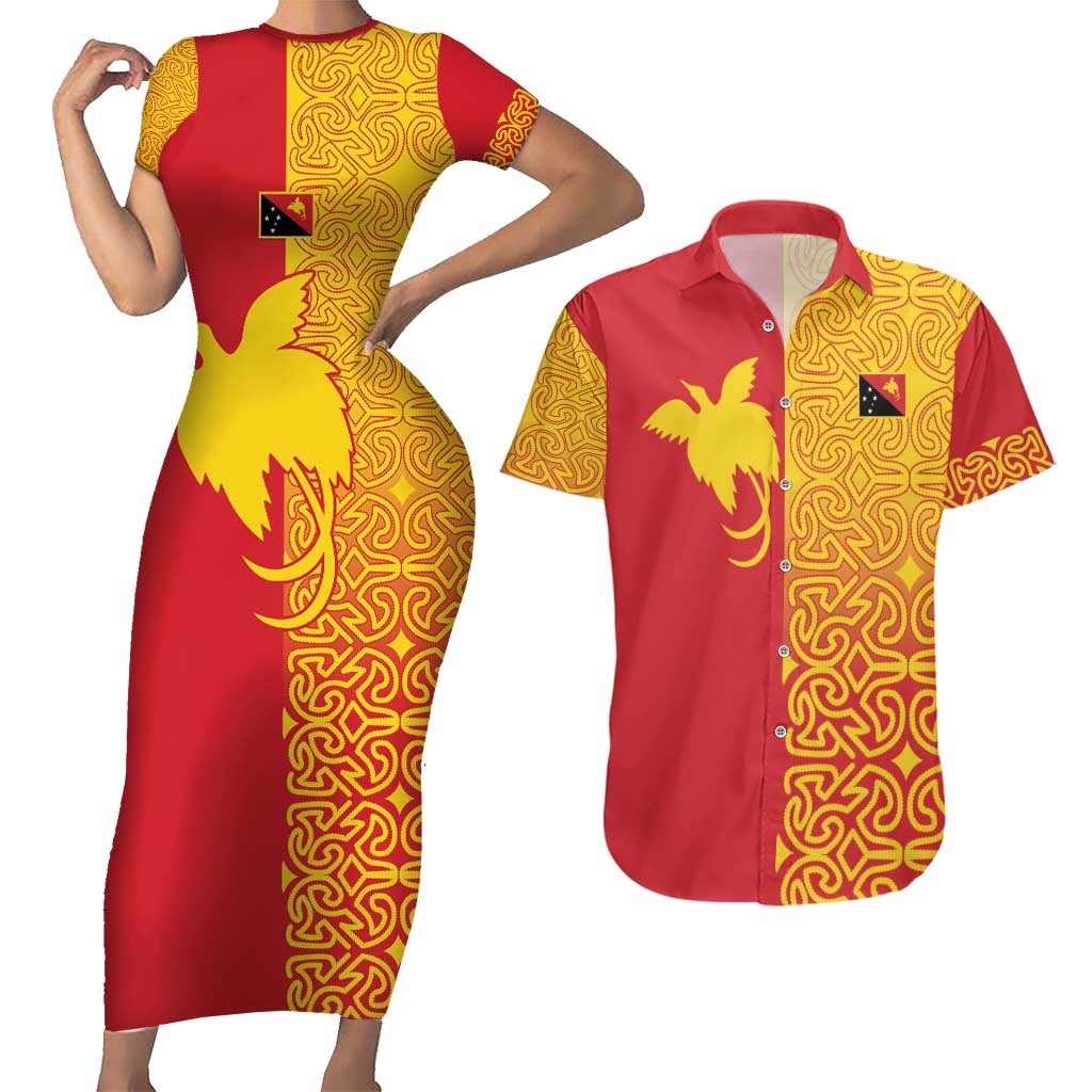Papua New Guinea Oro Tapa Personalised Couples Matching Short Sleeve Bodycon Dress and Hawaiian Shirt Simple Bird of Paradise Style LT9 Red - Polynesian Pride