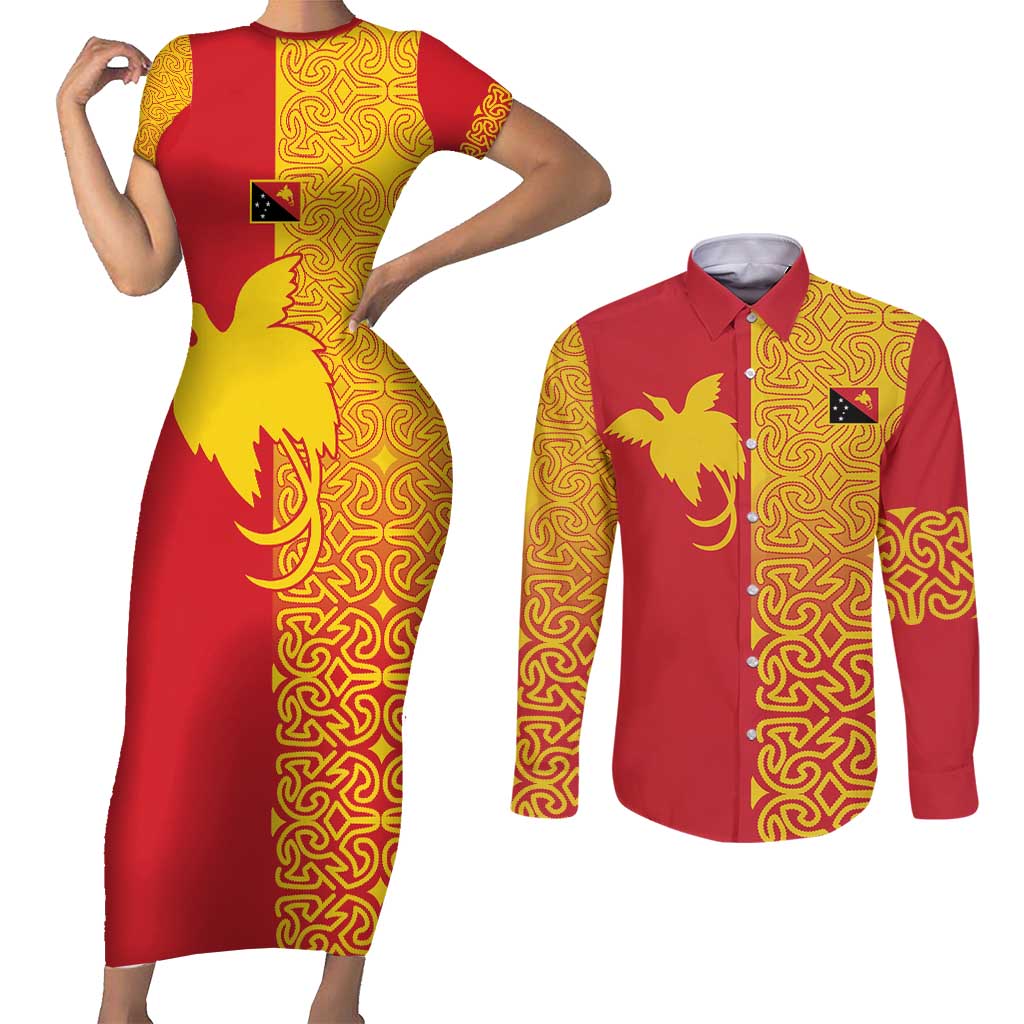 Papua New Guinea Oro Tapa Personalised Couples Matching Short Sleeve Bodycon Dress and Long Sleeve Button Shirt Simple Bird of Paradise Style LT9 Red - Polynesian Pride