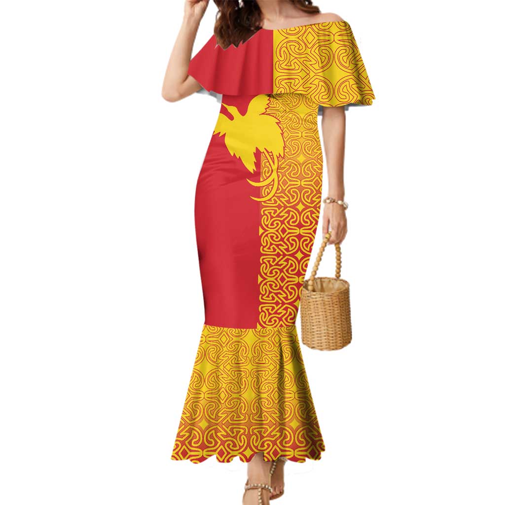Papua New Guinea Oro Tapa Personalised Family Matching Mermaid Dress and Hawaiian Shirt Simple Bird of Paradise Style LT9 Mom's Dress Red - Polynesian Pride