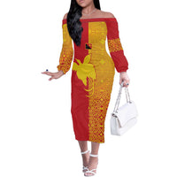 Papua New Guinea Oro Tapa Personalised Off The Shoulder Long Sleeve Dress Simple Bird of Paradise Style LT9 Women Red - Polynesian Pride