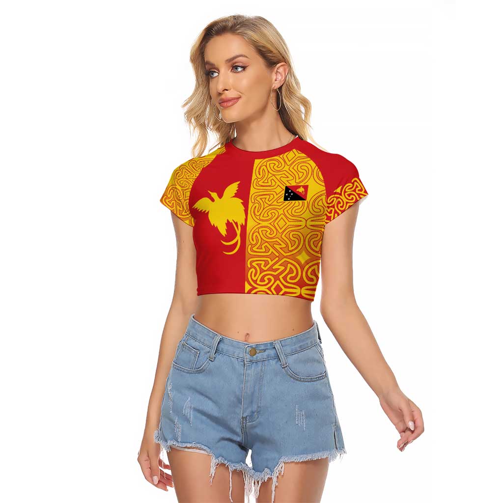 Papua New Guinea Oro Tapa Personalised Raglan Cropped T Shirt Simple Bird of Paradise Style LT9 Female Red - Polynesian Pride