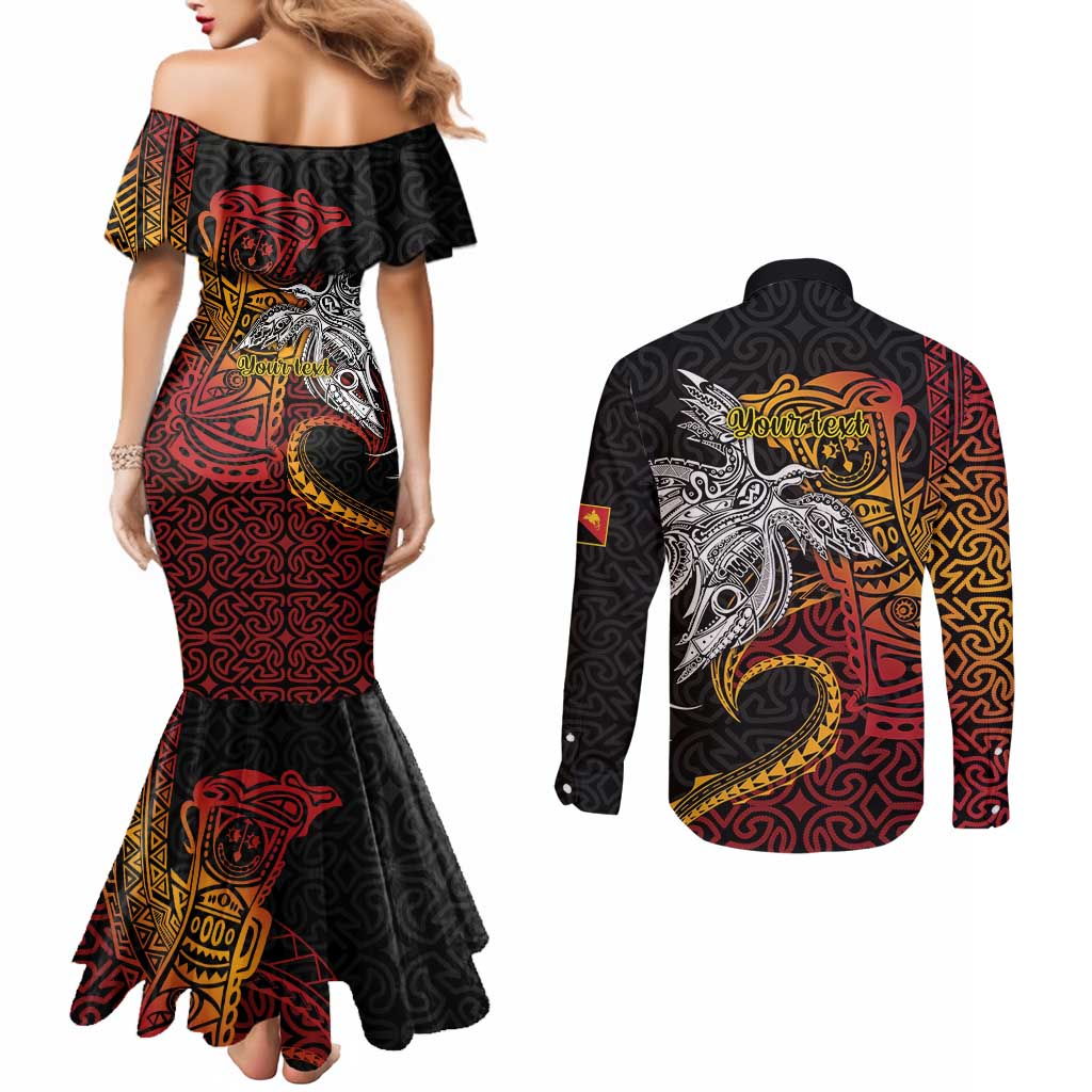 Papua New Guinea Sepik Personalised Couples Matching Mermaid Dress and Long Sleeve Button Shirt PNG Bird of Paradise Tattoo LT9 - Polynesian Pride