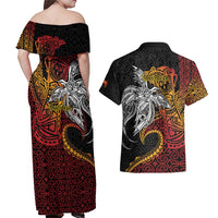 Papua New Guinea Sepik Personalised Couples Matching Off Shoulder Maxi Dress and Hawaiian Shirt PNG Bird of Paradise Tattoo LT9 - Polynesian Pride