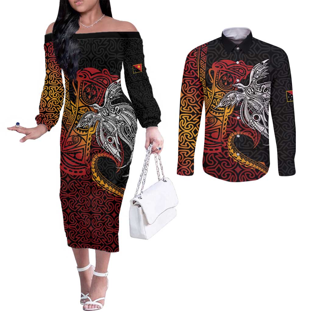 Papua New Guinea Sepik Personalised Couples Matching Off The Shoulder Long Sleeve Dress and Long Sleeve Button Shirt PNG Bird of Paradise Tattoo - Polynesian Pride