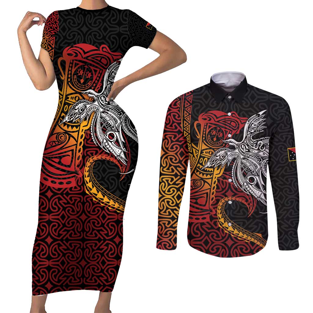 Papua New Guinea Sepik Personalised Couples Matching Short Sleeve Bodycon Dress and Long Sleeve Button Shirt PNG Bird of Paradise Tattoo LT9 Black - Polynesian Pride