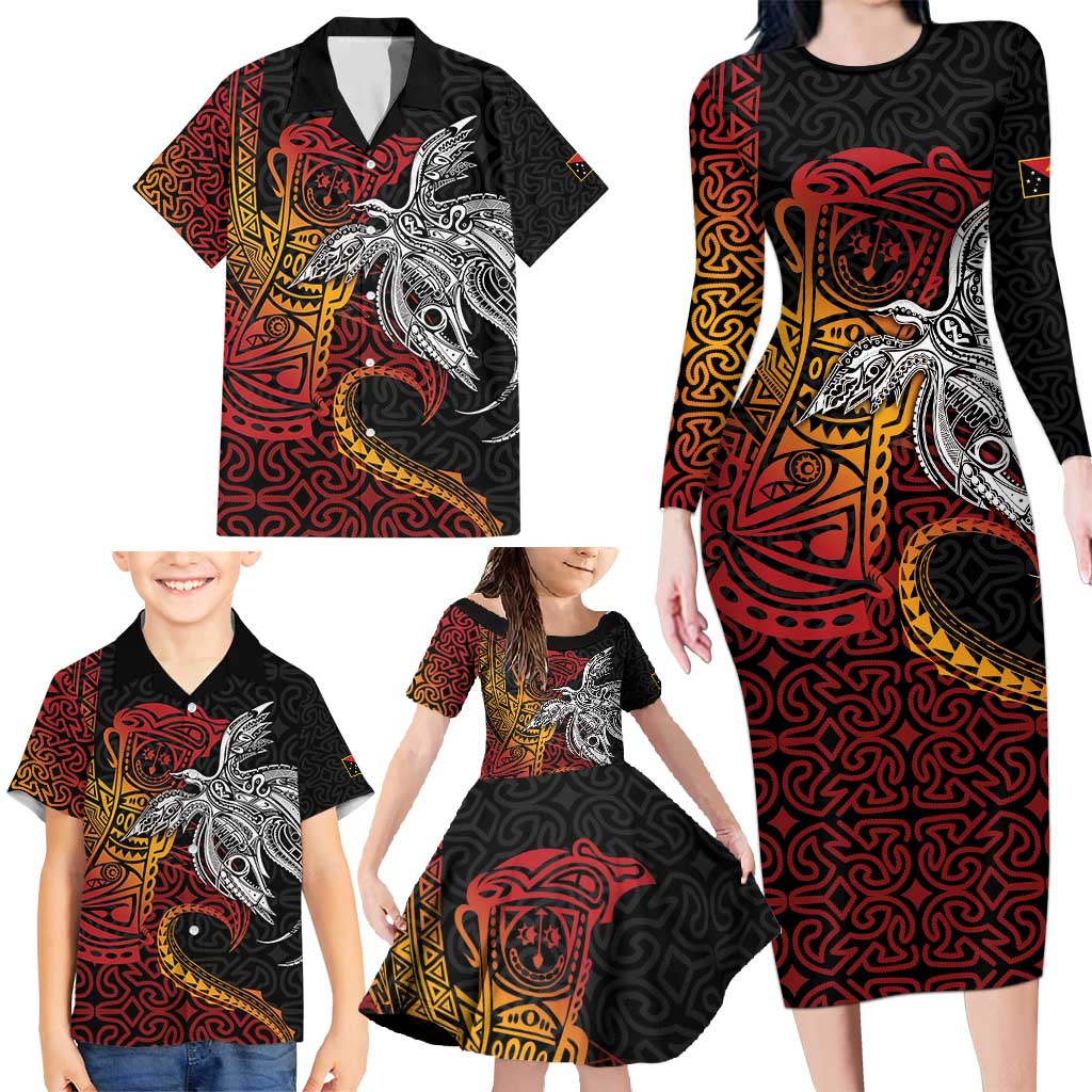 Papua New Guinea Sepik Personalised Family Matching Long Sleeve Bodycon Dress and Hawaiian Shirt PNG Bird of Paradise Tattoo - Polynesian Pride