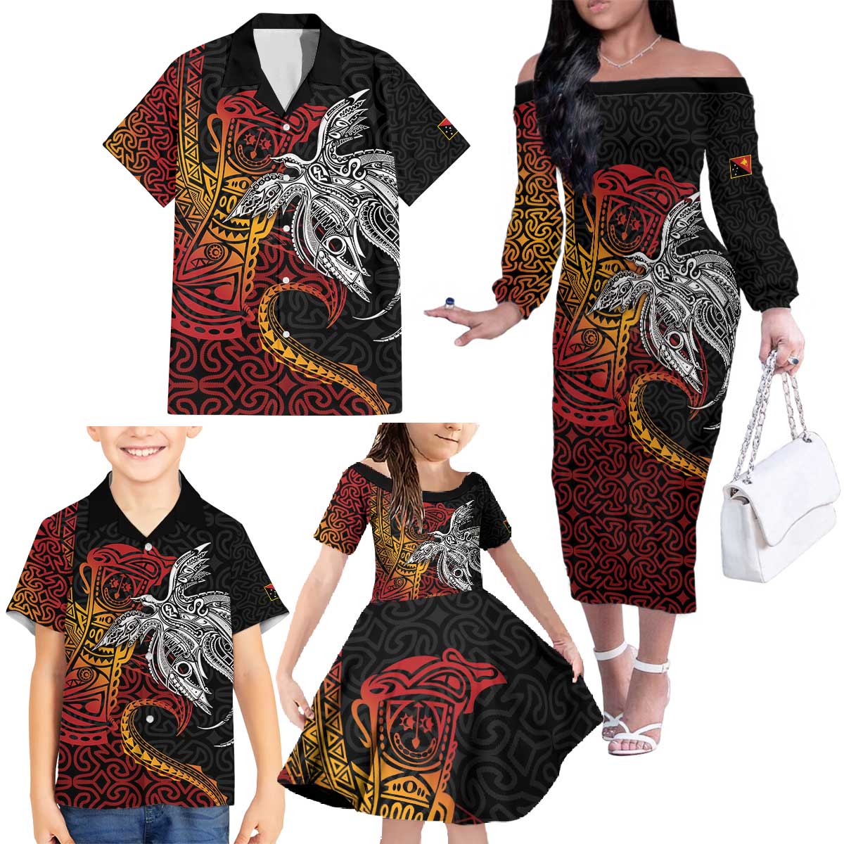 Papua New Guinea Sepik Personalised Family Matching Off The Shoulder Long Sleeve Dress and Hawaiian Shirt PNG Bird of Paradise Tattoo - Polynesian Pride