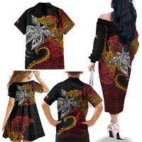 Papua New Guinea Sepik Personalised Family Matching Off The Shoulder Long Sleeve Dress and Hawaiian Shirt PNG Bird of Paradise Tattoo - Polynesian Pride