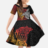 Papua New Guinea Sepik Personalised Family Matching Puletasi and Hawaiian Shirt PNG Bird of Paradise Tattoo LT9 Daughter's Dress Black - Polynesian Pride