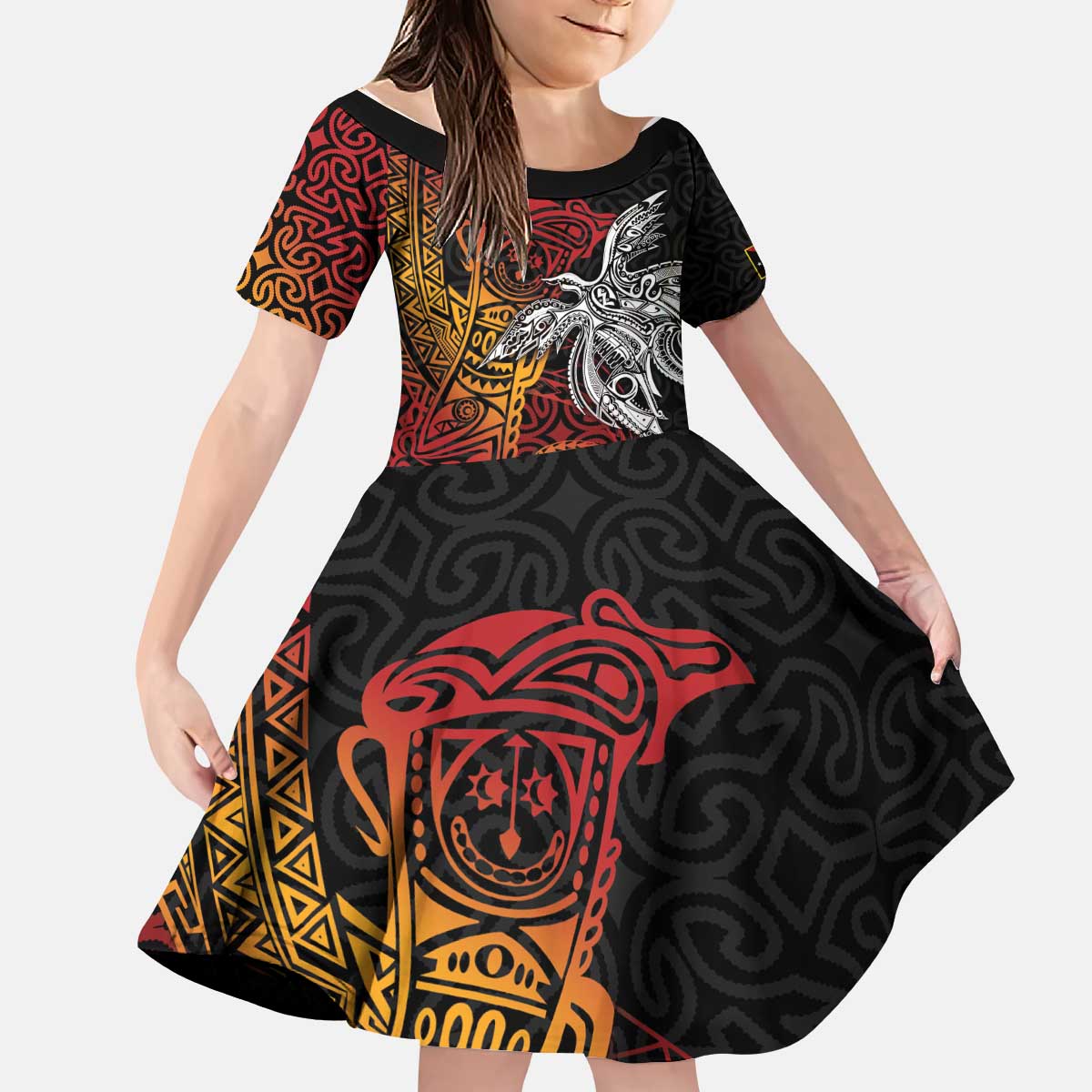 Papua New Guinea Sepik Personalised Kid Short Sleeve Dress PNG Bird of Paradise Tattoo - Polynesian Pride