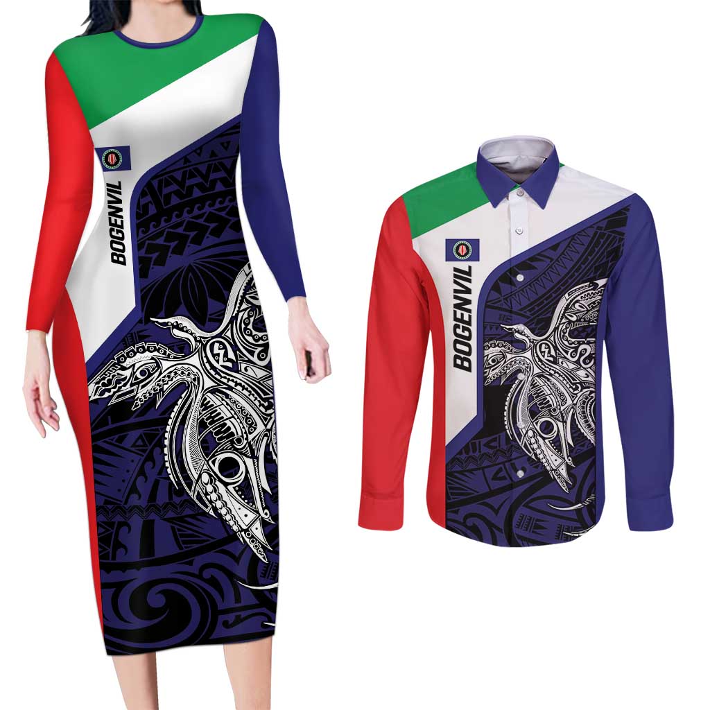 Personalised PNG Bougainville Couples Matching Long Sleeve Bodycon Dress and Long Sleeve Button Shirt Bird of Paradise Tattoo Flag Motif - Polynesian Pride