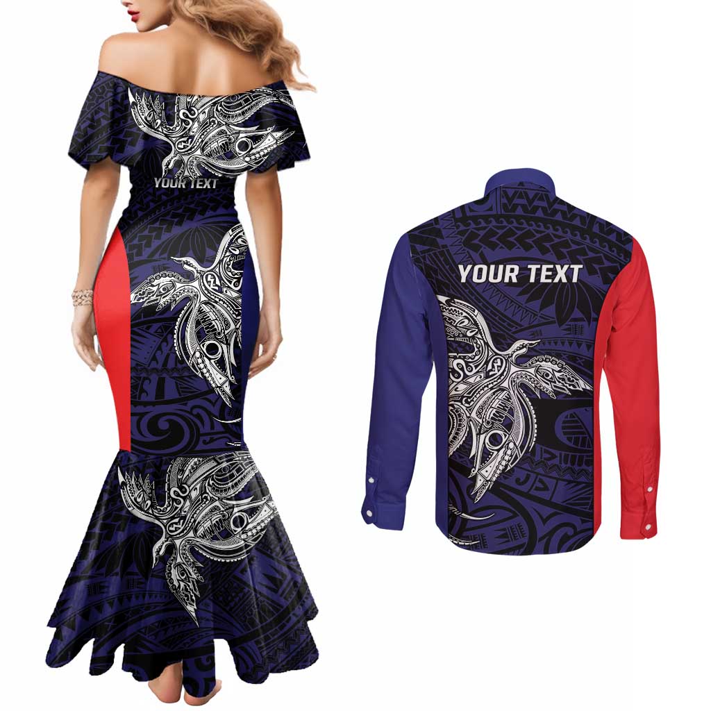 Personalised PNG Bougainville Couples Matching Mermaid Dress and Long Sleeve Button Shirt Bird of Paradise Tattoo Flag Motif - Polynesian Pride