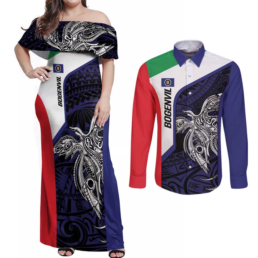Personalised PNG Bougainville Couples Matching Off Shoulder Maxi Dress and Long Sleeve Button Shirt Bird of Paradise Tattoo Flag Motif - Polynesian Pride