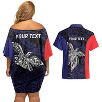 Personalised PNG Bougainville Couples Matching Off Shoulder Short Dress and Hawaiian Shirt Bird of Paradise Tattoo Flag Motif - Polynesian Pride